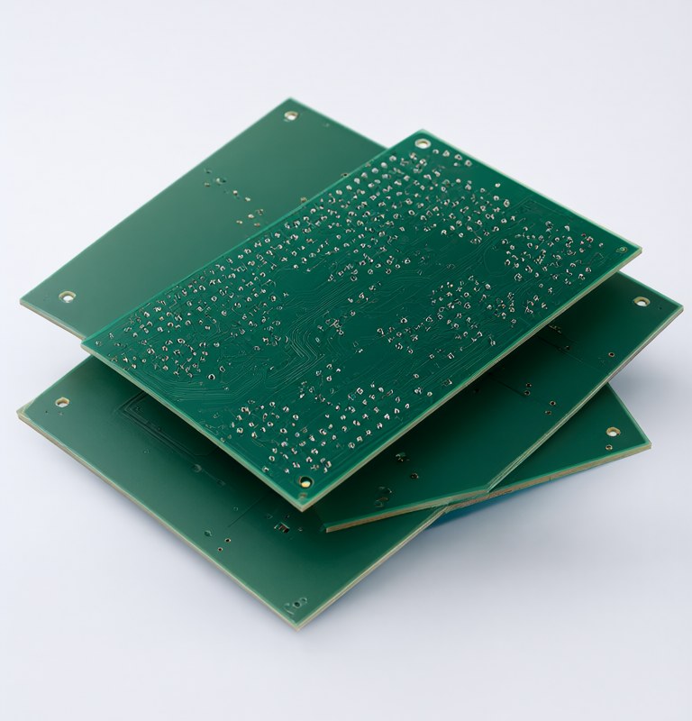 Illustrative stack of green bare circuit boards with fine traces and silver pads.